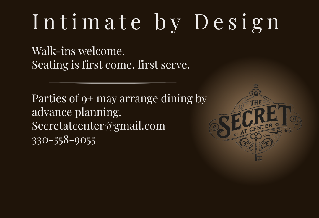 Event flyer on dark brown background: “Intimate by Design” with walk-ins welcome and Secret Table logo.