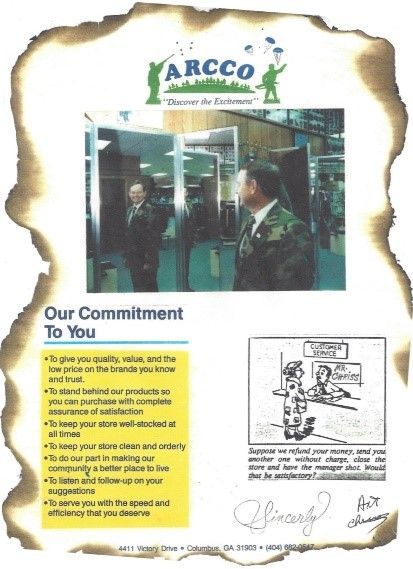 ARCCO company brochure. Men in military attire in a store. Text: