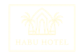 Logo for Habu Hotel: outline of building and palm trees within a rectangle, text