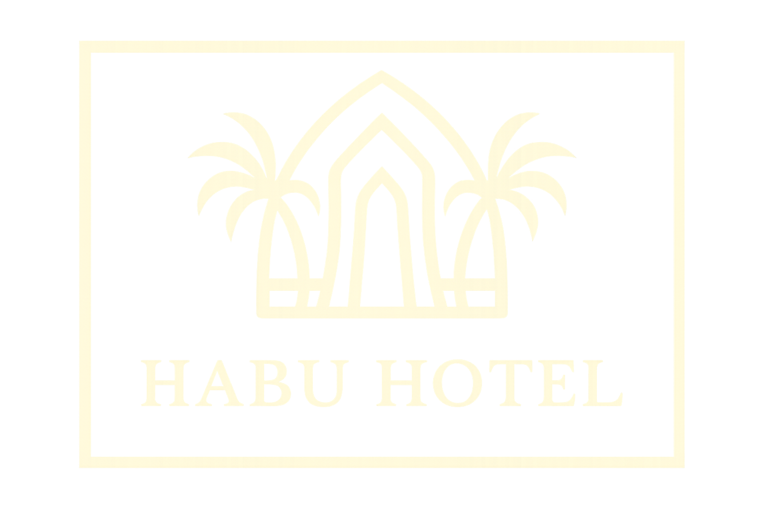 Logo for Habu Hotel: outline of building and palm trees within a rectangle, text 