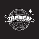 White Trenew Digital Marketing logo over a wireframe globe on a dark background with star accents