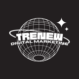 White Trenew Digital Marketing logo over a wireframe globe on a dark background with star accents