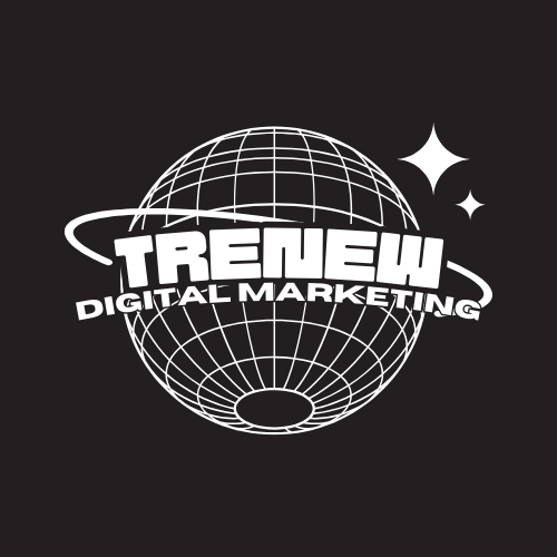 White Trenew Digital Marketing logo over a wireframe globe on a dark background with star accents
