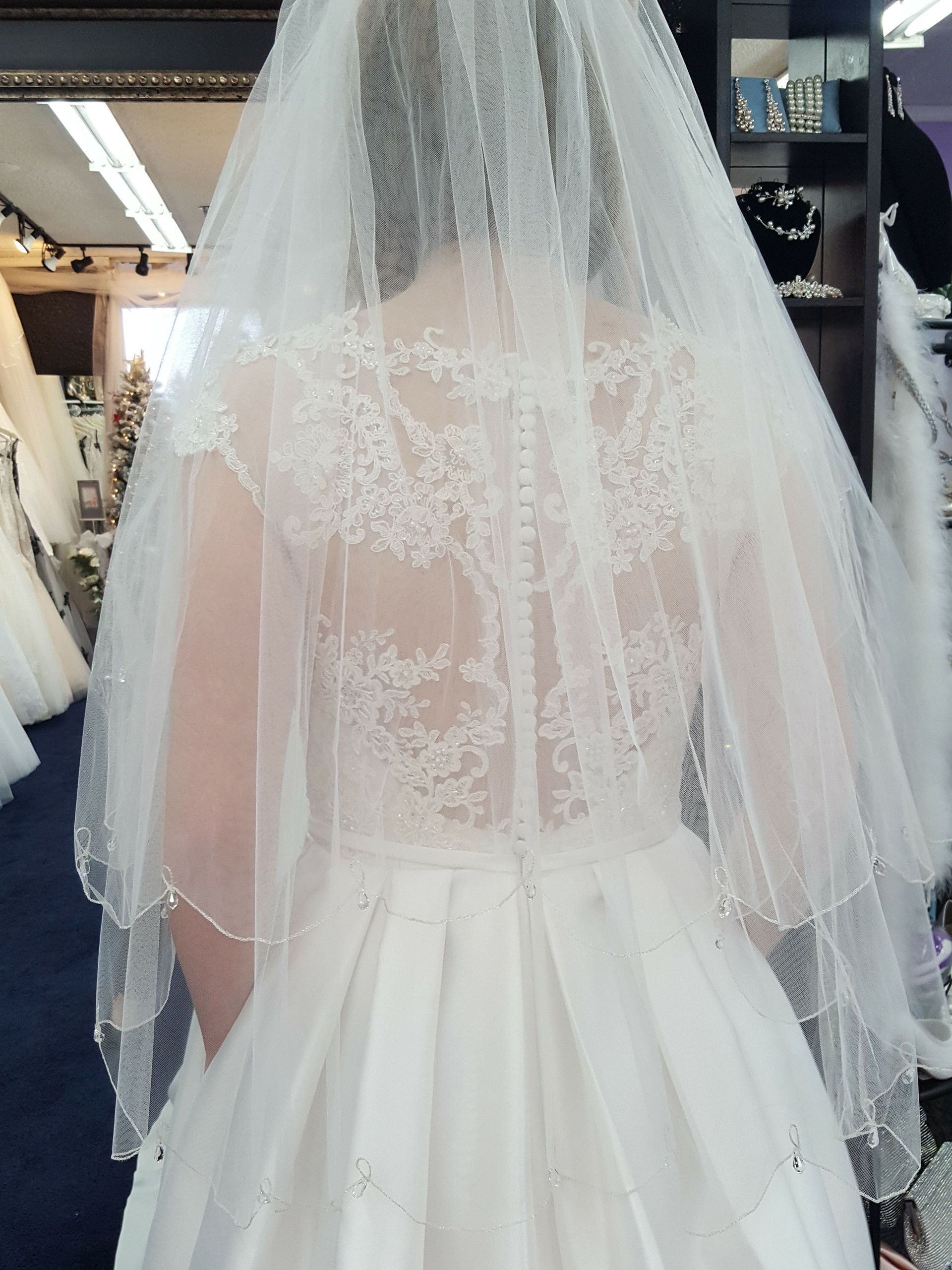 Bride in wedding dress with lace back, wearing veil.