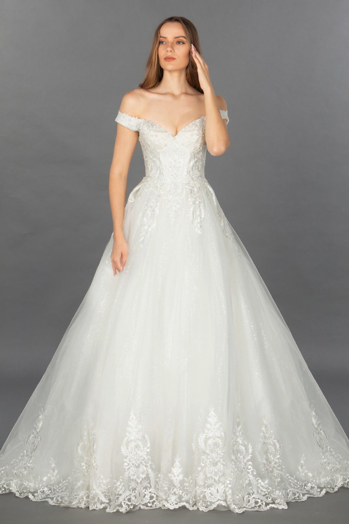 707WGB Off-Shoulder Sweetheart Ball Gown – Lace-Up Back, Train (Tulle, Glitter Lace, Crystals)