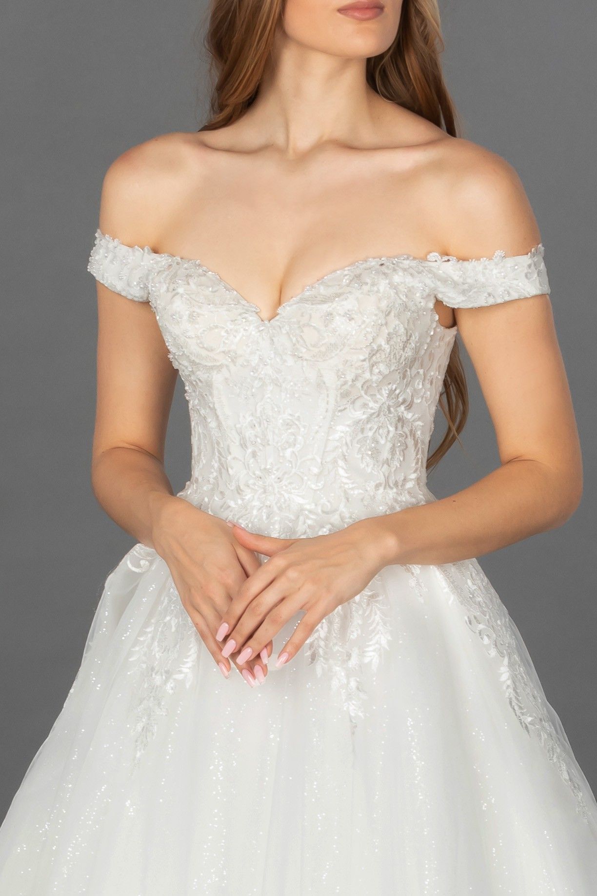 707WGB Off-Shoulder Sweetheart Ball Gown – Lace-Up Back, Train (Tulle, Glitter Lace, Crystals)