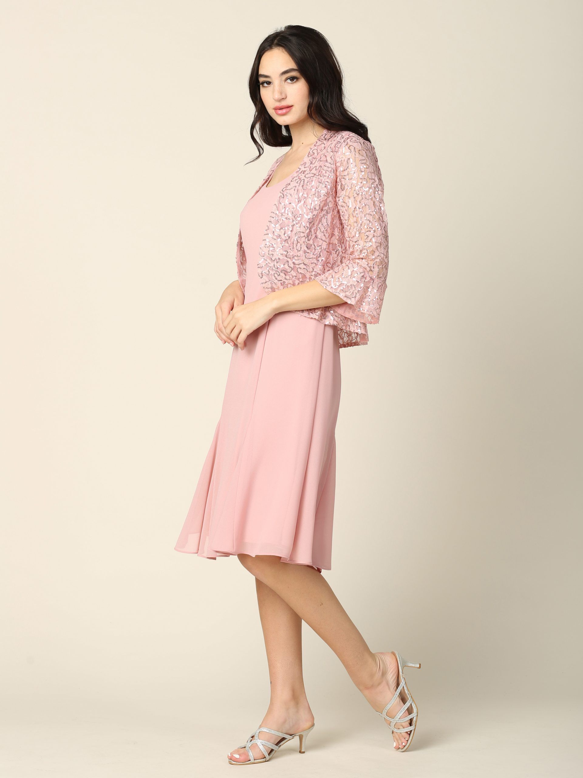 2PC Knee Length Pebble Georgette A-Line Dress with Sequin Lace Jacket Set