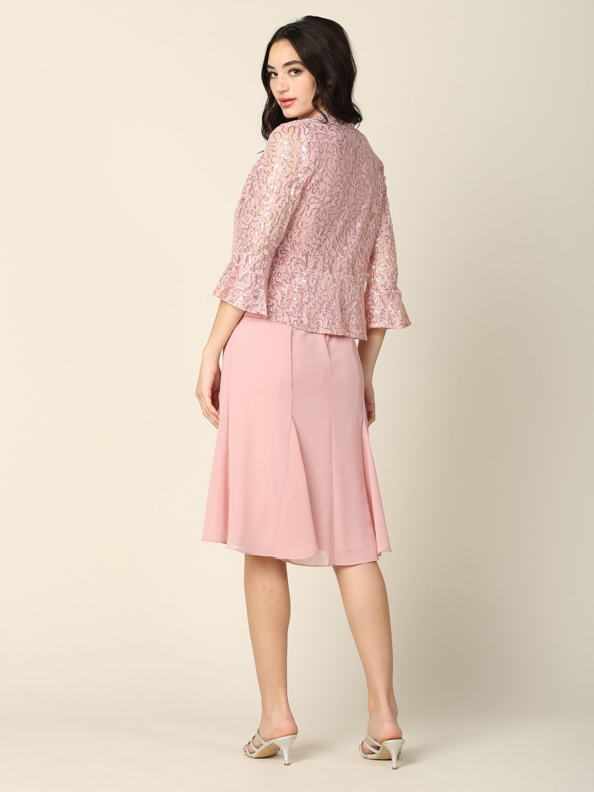 2PC Knee Length Pebble Georgette A-Line Dress with Sequin Lace Jacket Set