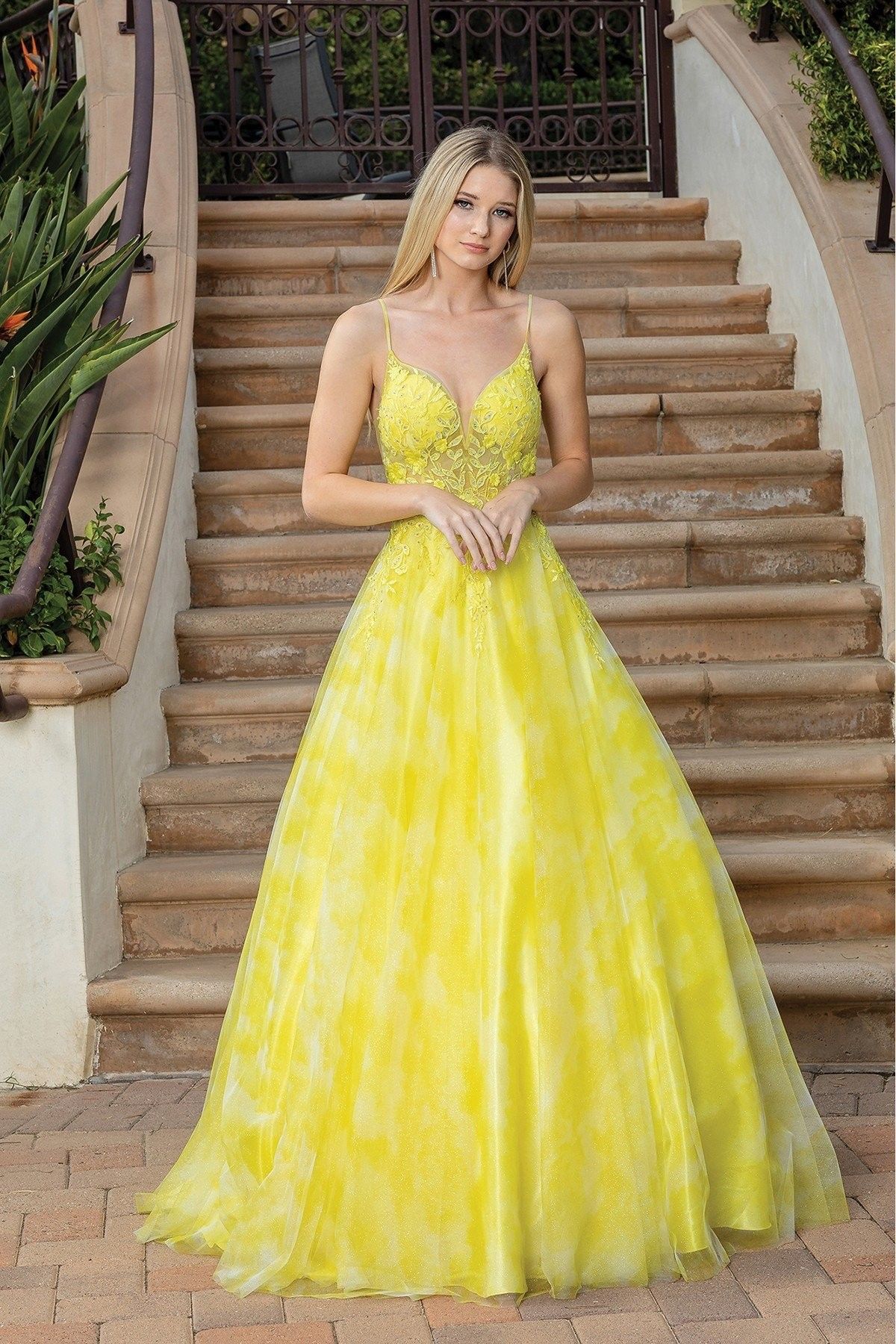 Embroidered A-Line Evening Gown with V-Neck and Sheer Overlay – Prom Elegance