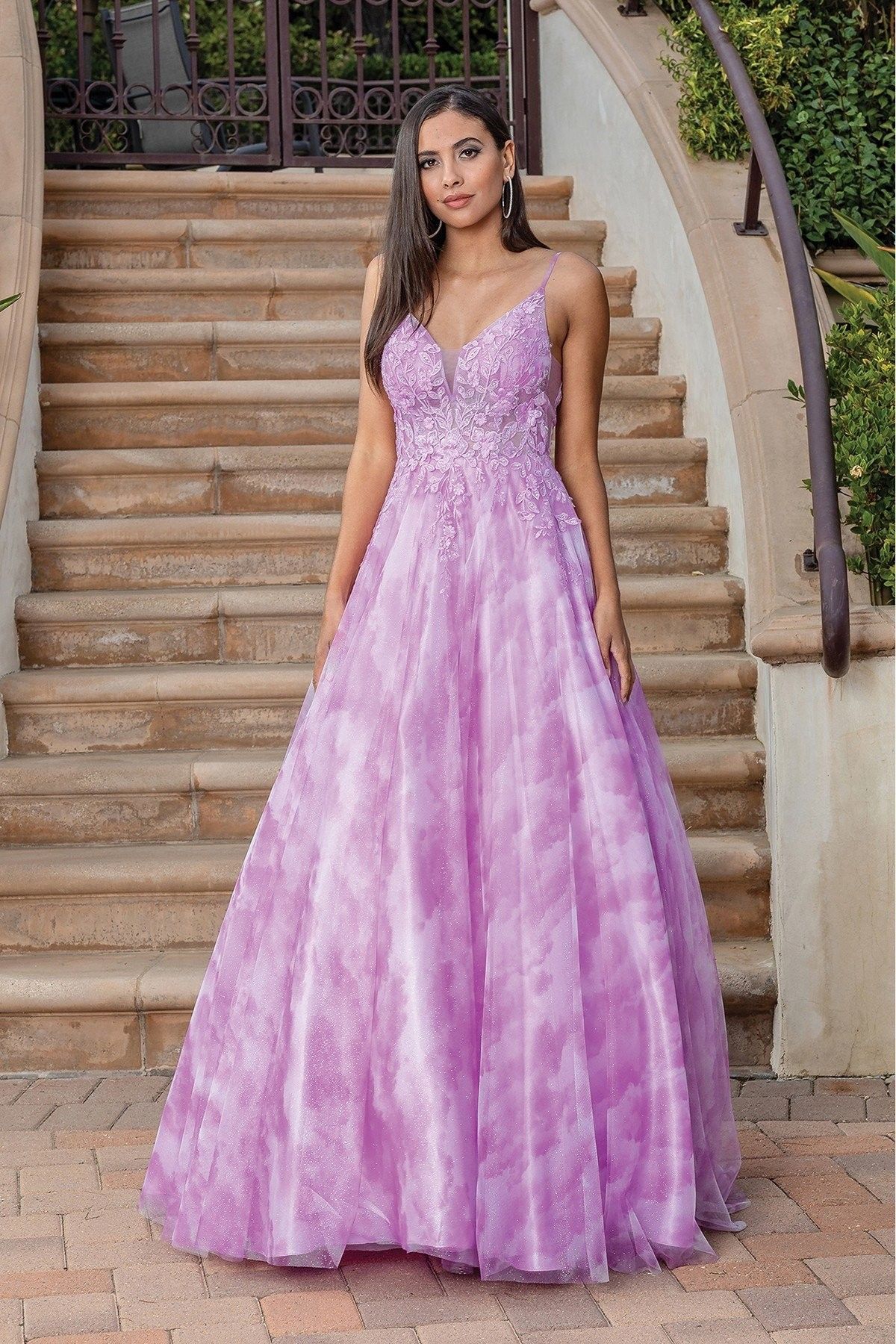 Embroidered A-Line Evening Gown with V-Neck and Sheer Overlay – Prom Elegance