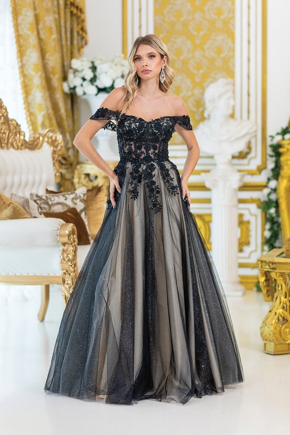 9244QD Off-Shoulder Bridal Gown with Floral Lace & Beaded Detailing Qiuck Ship