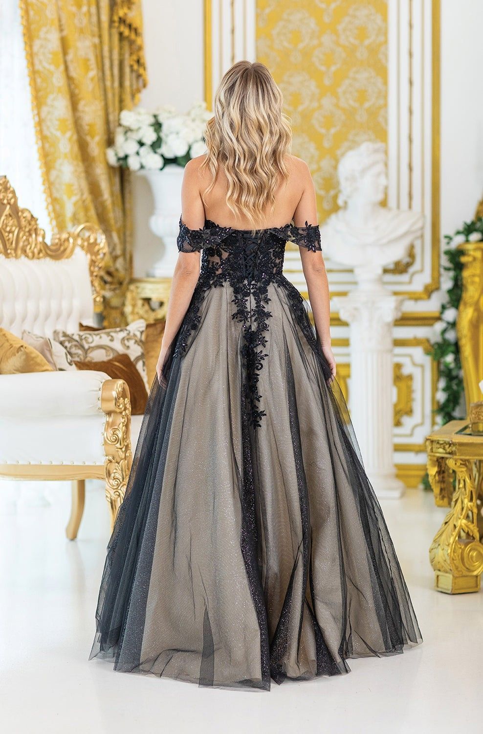 9244QD Off-Shoulder Bridal Gown with Floral Lace & Beaded Detailing Qiuck Ship