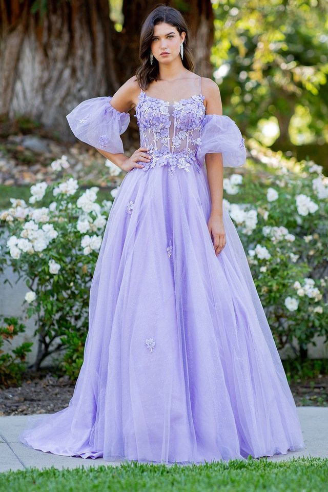 purple prom dress with flowers Lavender Floral Appliques Puff Sleeves A-line Long Lavender / US 6 Line style Fabric Beautiful Blue Purple Ballgown Prom