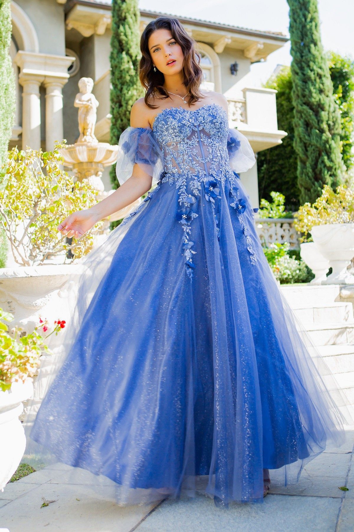 Smoky blue floral bridal gown for prom, pageants, evening