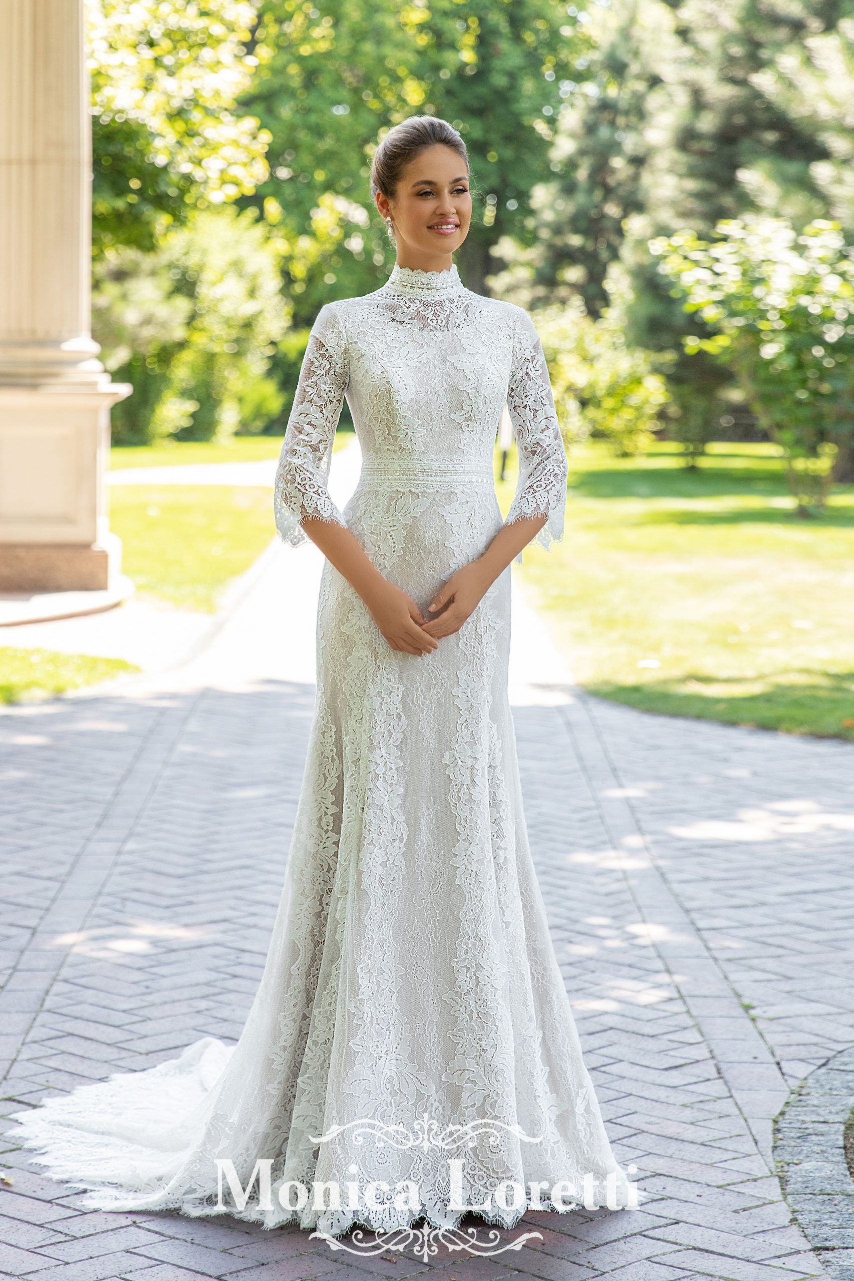 European-style wedding dress displayed at Beyond Le Veils Bridal store in Vancouver, WA, featuring elegant lace details and timeless design for a classic bridal look.