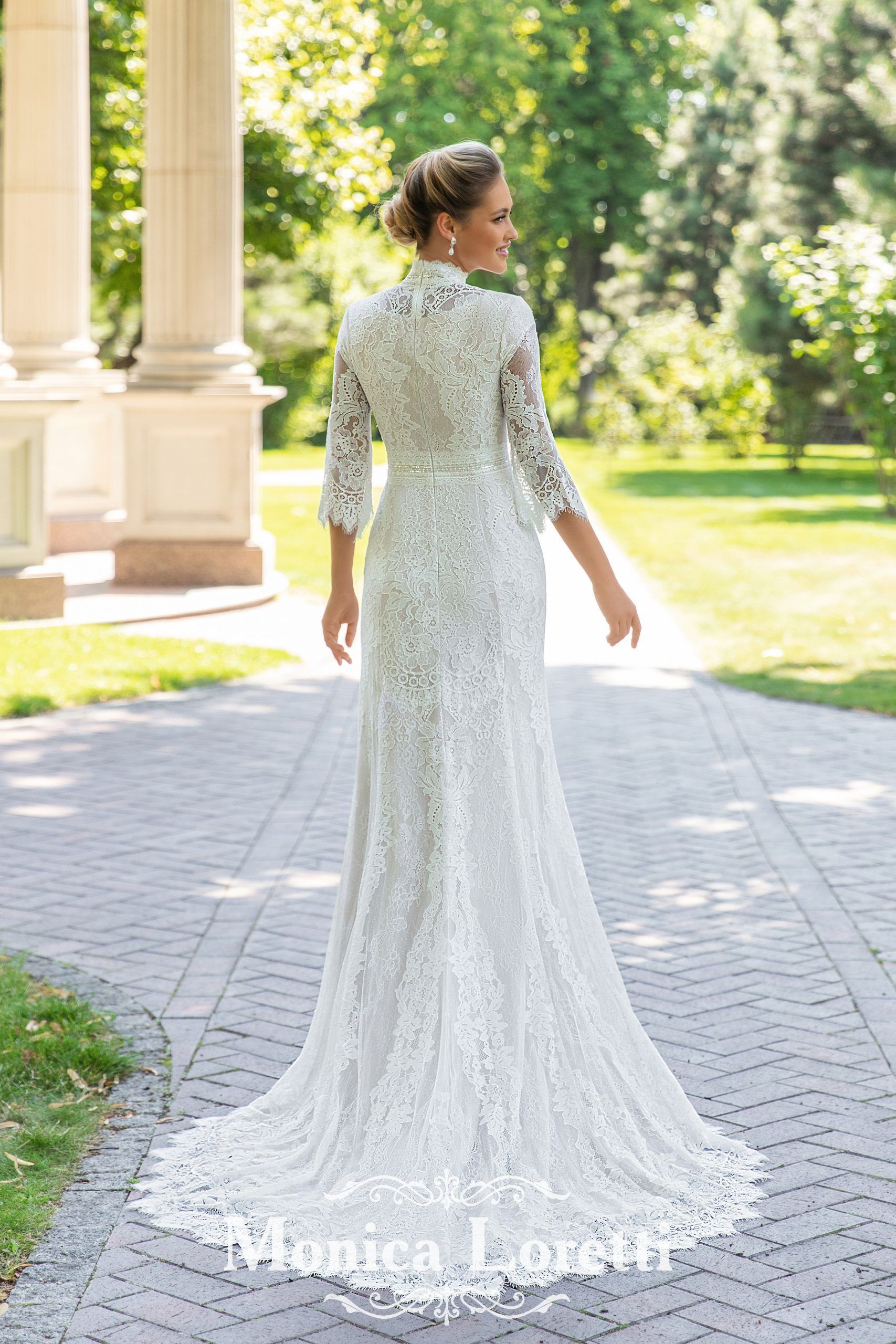 European-style wedding dress displayed at Beyond Le Veils Bridal store in Vancouver, WA, featuring elegant lace details and timeless design for a classic bridal look.