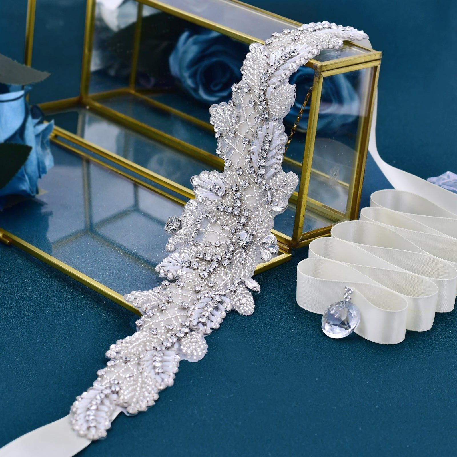 BRI124 Bohemian Bridal Belt Sash – Crystal Rhinestones & Pearls
