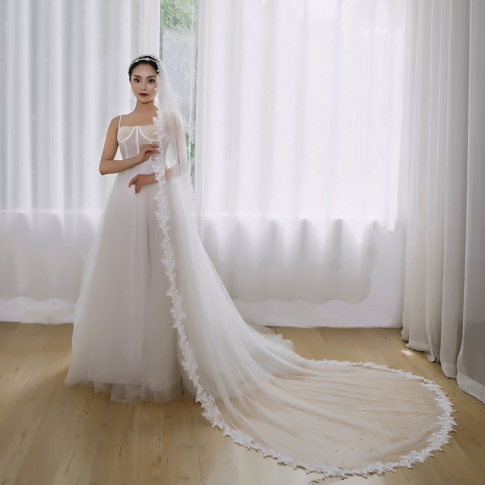 BRI064 - Angelic Pearl-Scattered Cathedral Veil With Floral Lace Edge — Luxury Single-Layer Bridal Veil