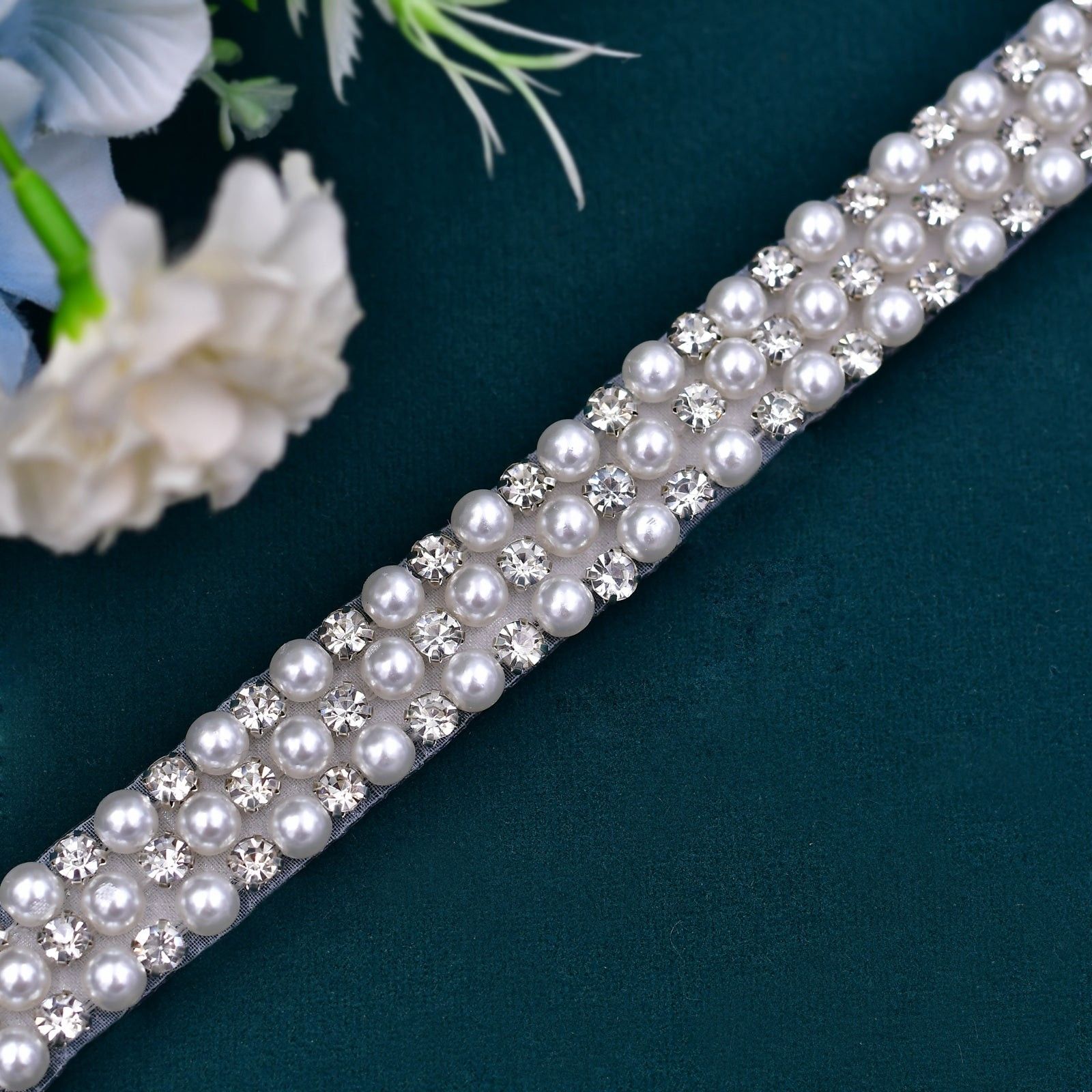 BRI159  Timeless Grace Pearl & Crystal Bridal Belt Sash