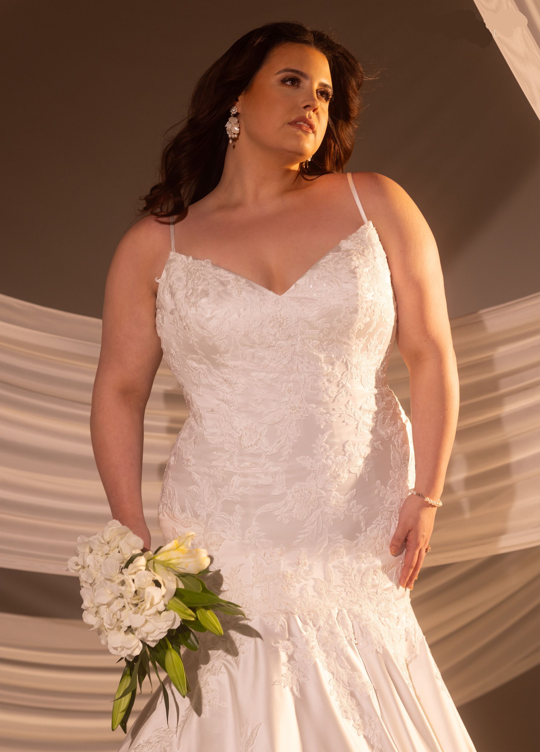 2323BRRA Satin Mermaid Curvy Bridal Gown with Lace Appliqué, Beading & Illusion Corset Back