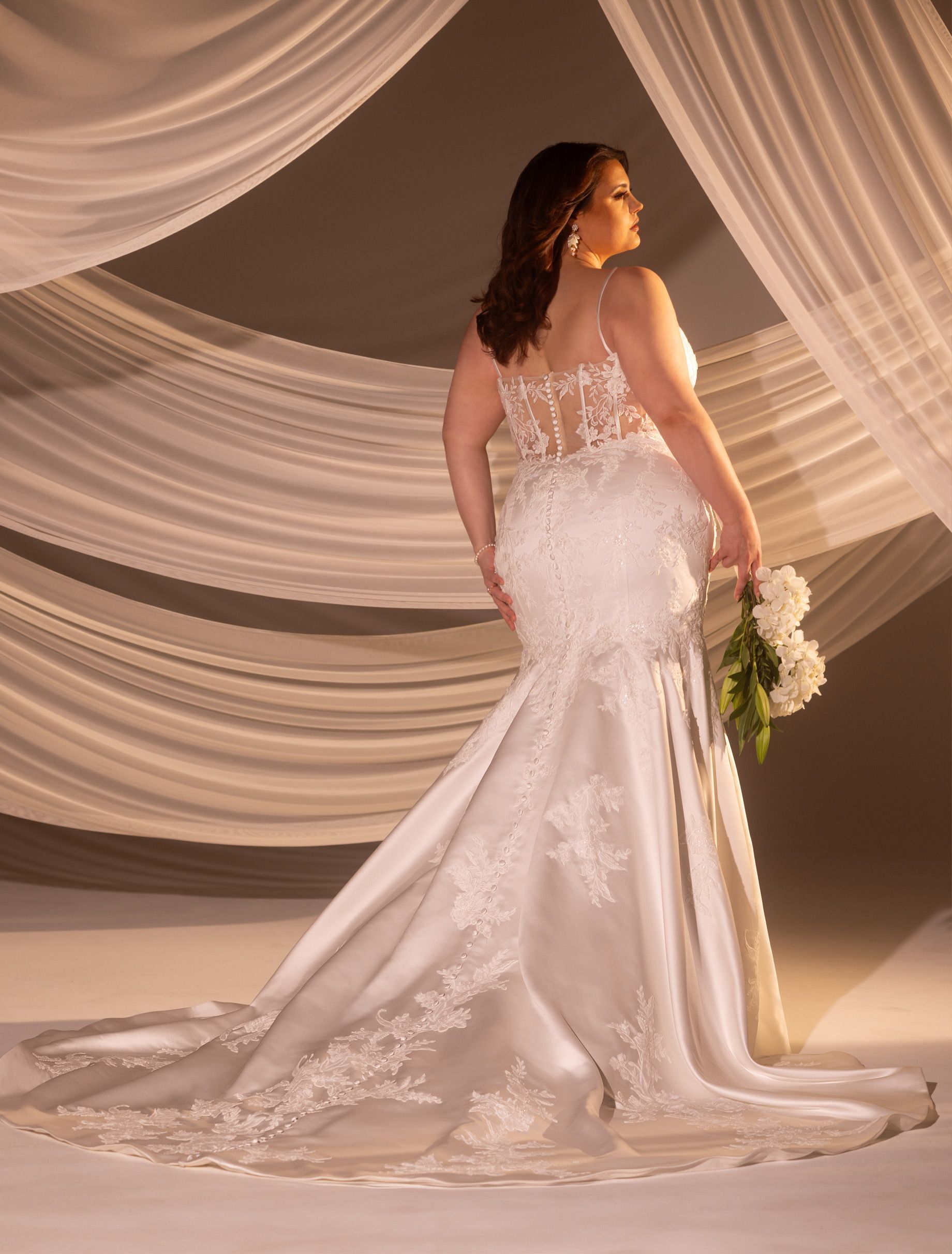 2323BRRA Satin Mermaid Curvy Bridal Gown with Lace Appliqué, Beading & Illusion Corset Back