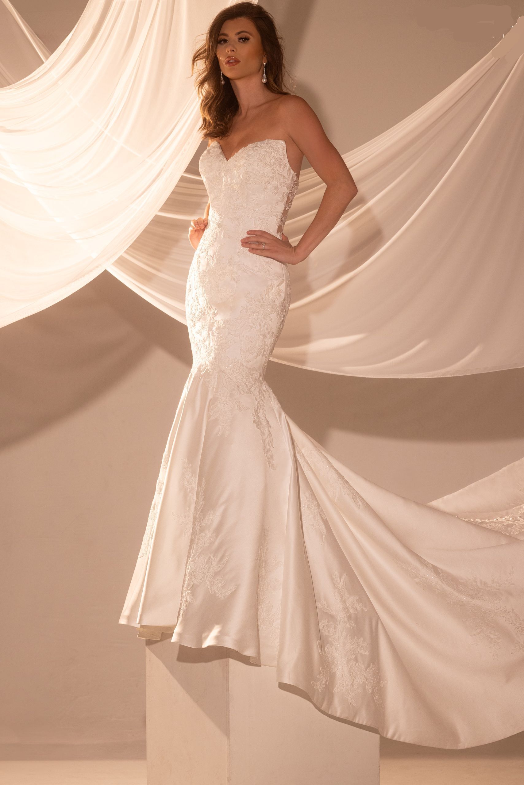 2323BRRA Mermaid Satin Bridal Gown with Lace Appliqué, Beading & Illusion Corset Back