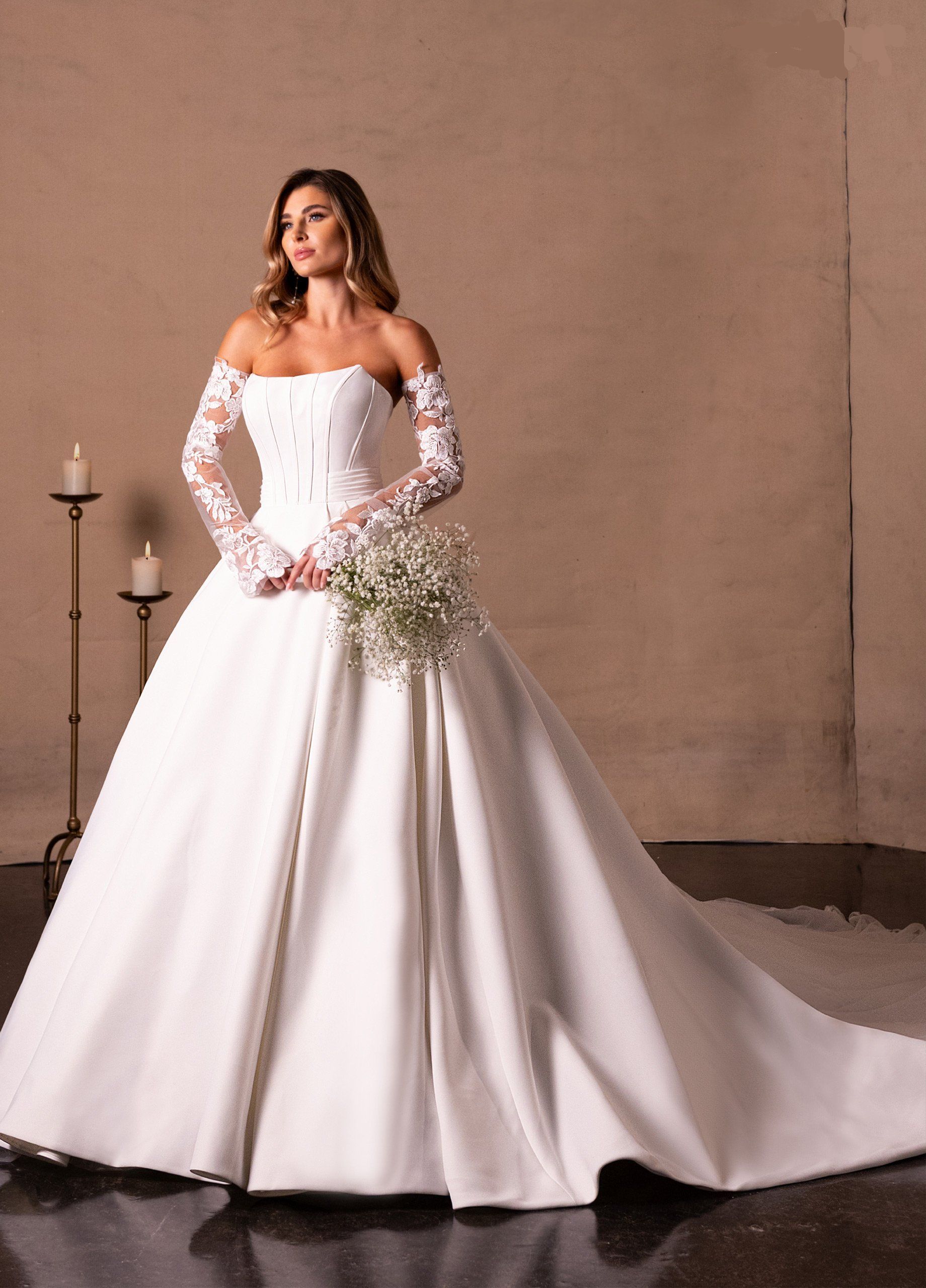 Royal Satin Ball Gown with Embroidered Tulle & Detachable Lace Sleeves