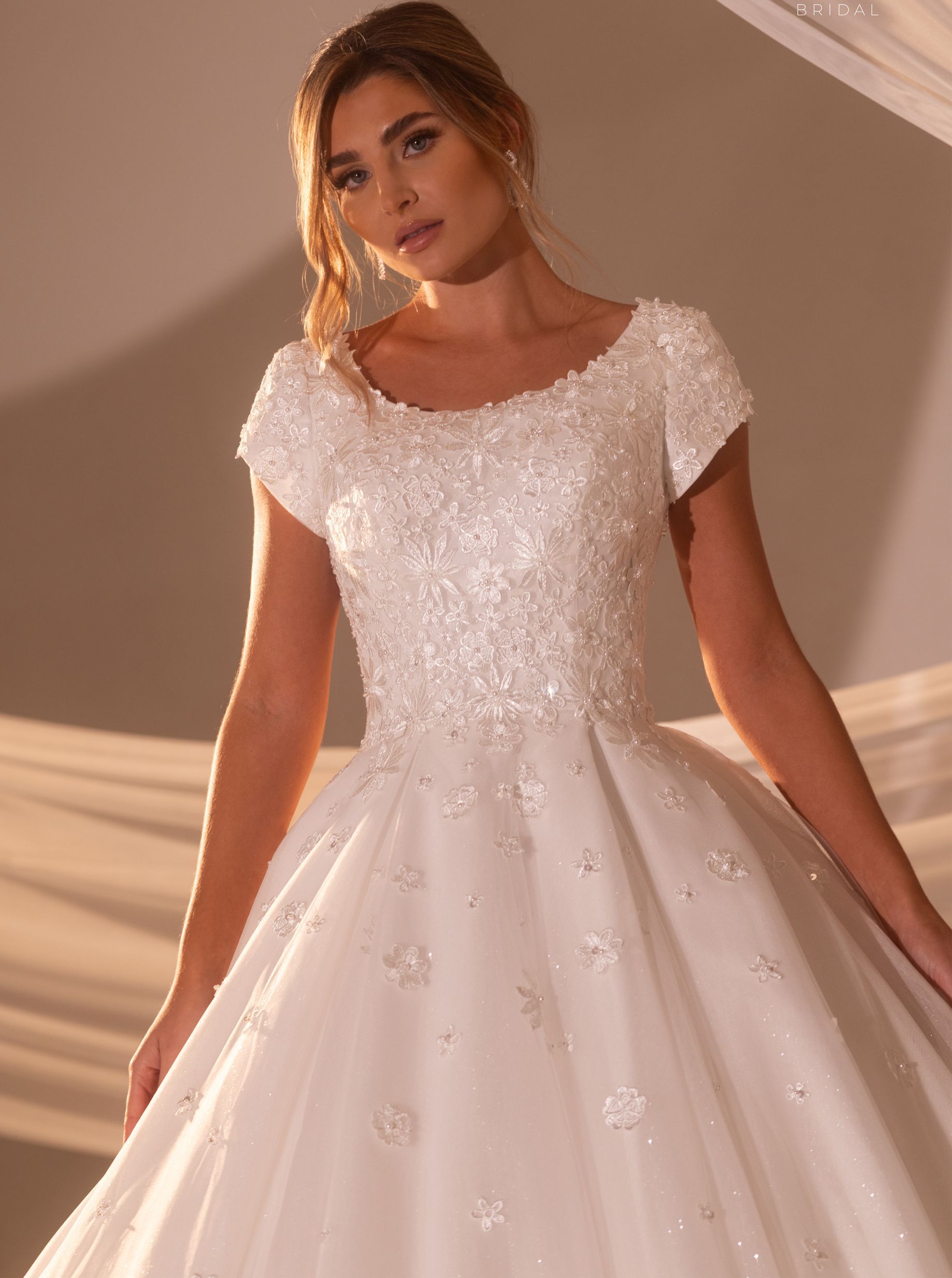 0107BRRA Modest Ball Gown with Beaded Bodice, Cap Sleeves & Glitter Tulle Skirt