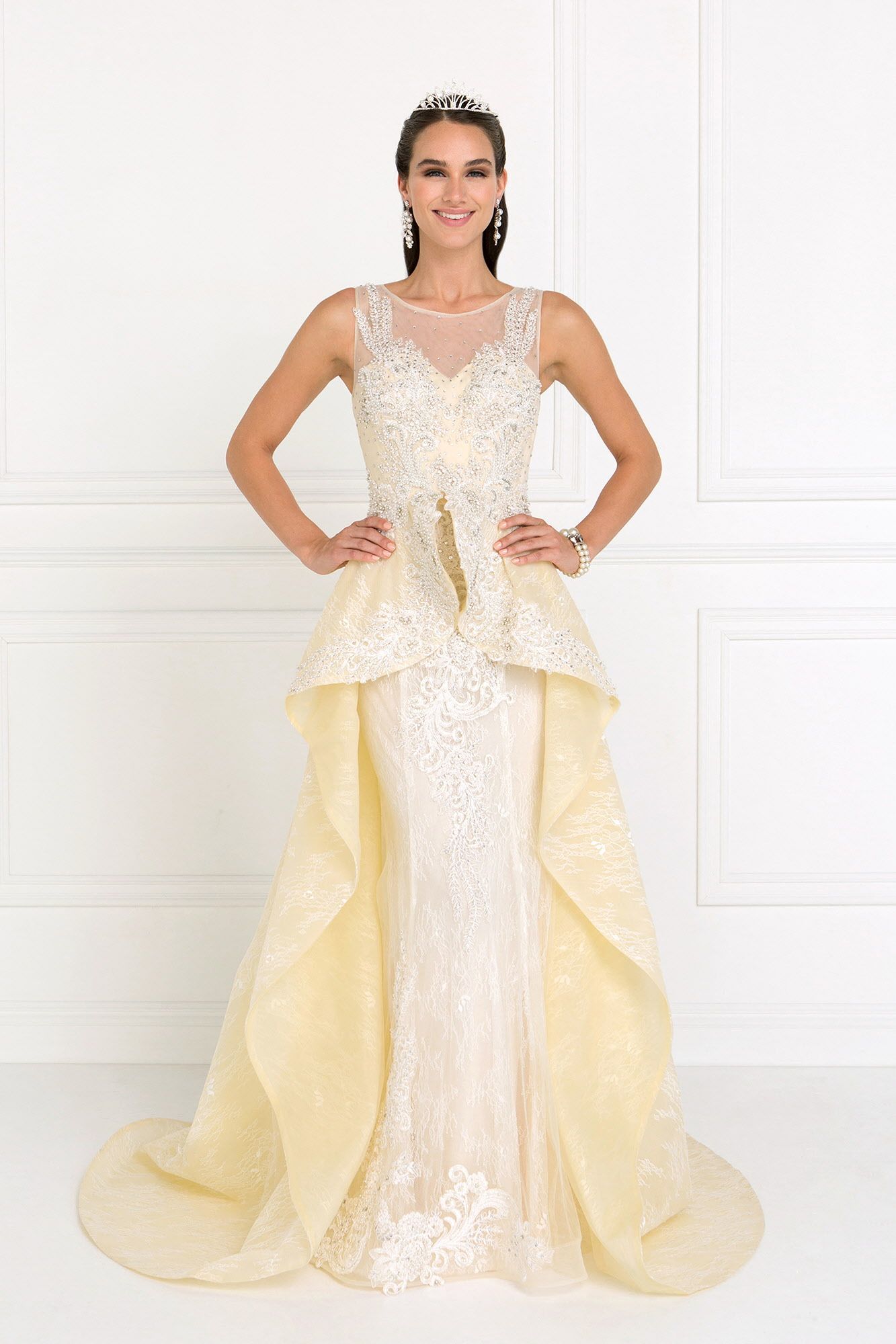 8351LG Embellished Illusion Neck Peplum Gown – Crystals, Lace & Royal Silhouette