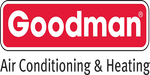 The logo for goodman air conditioning and heating is red and white.