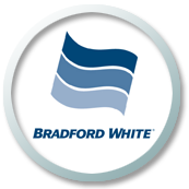A bradford white logo with a blue and white flag