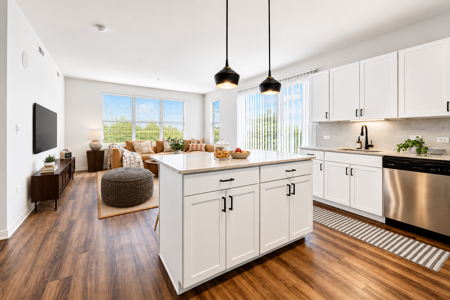 A kitchen with a large island and a vase of flowers on it.