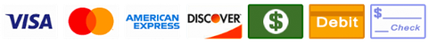 Payment options icons, including Visa, Mastercard, American Express, Discover, dollar sign, debit, and check.