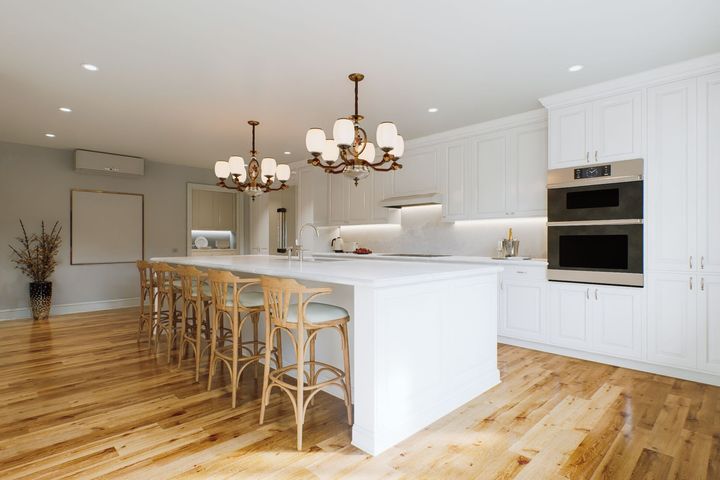 Bright modern white kitchen with island, bar stools, wood floors, and stainless steel appliances