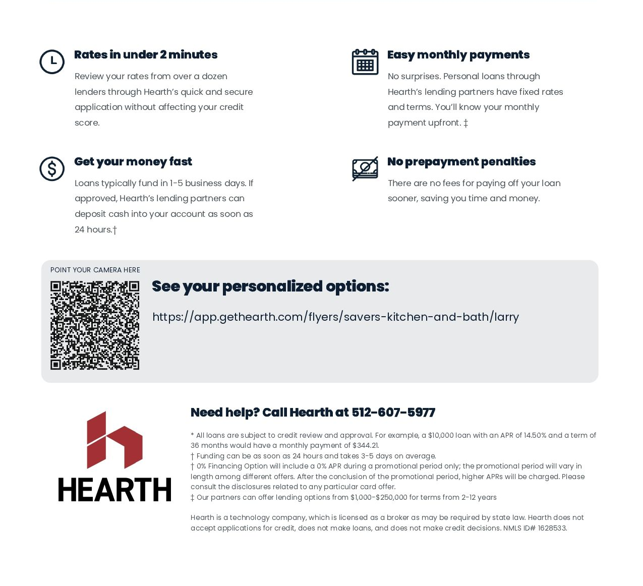 Flyer with payment benefits, QR code, and Hearth logo for health-related support program