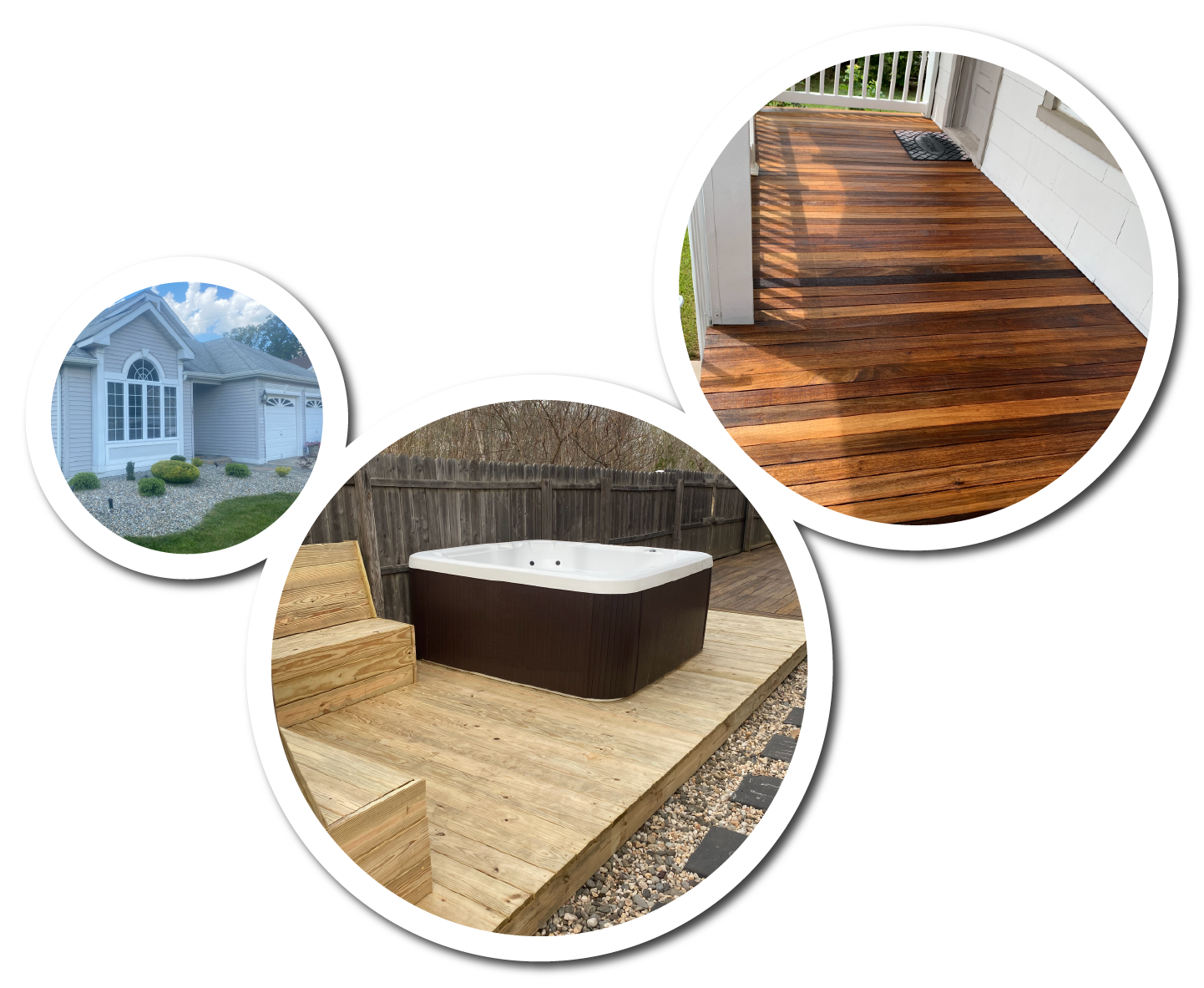 Collage of three circular photos: house, wood deck, and hot tub on deck.