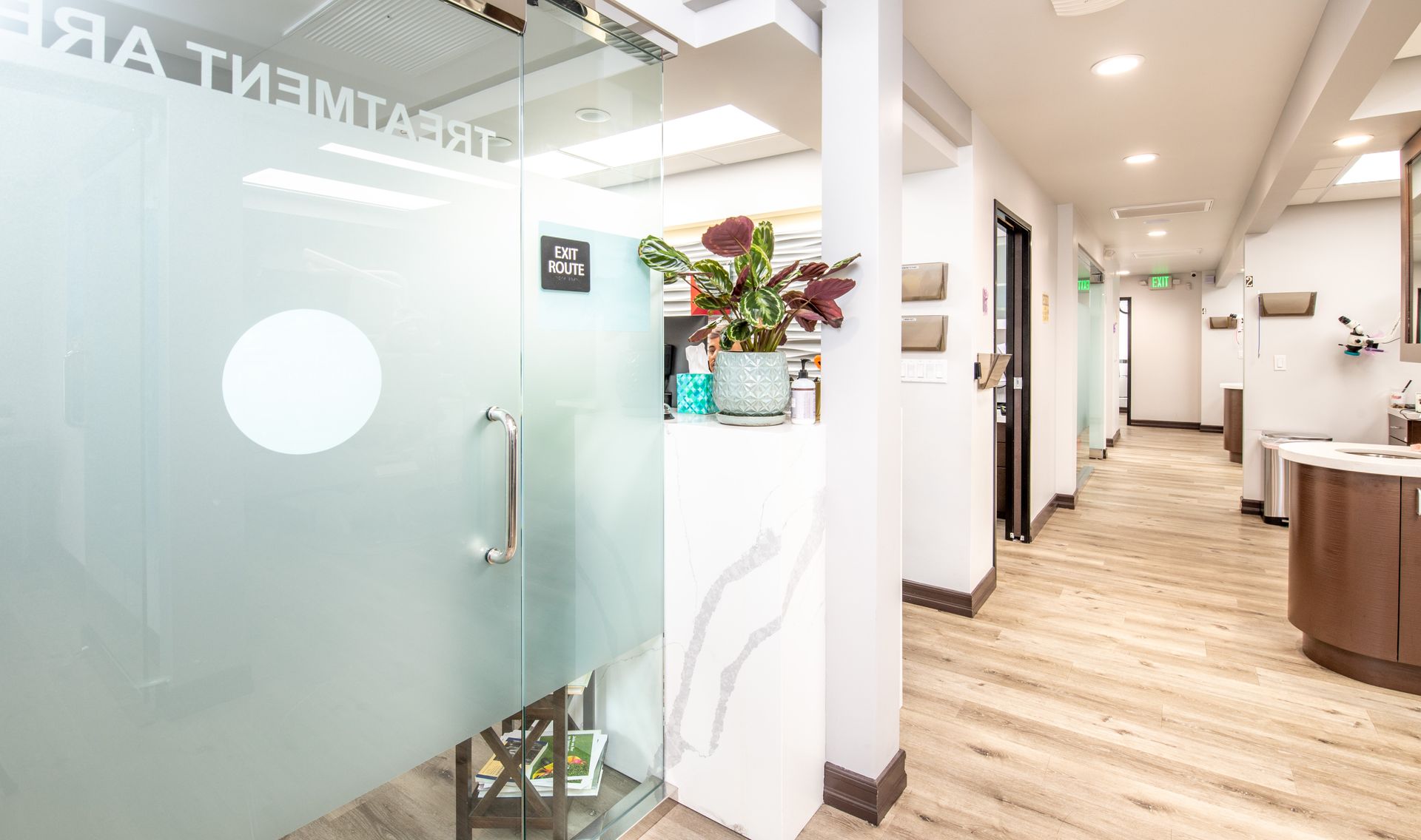 Hallway in a dental office with treatment room, light wood floors, and a plant on a counter.
