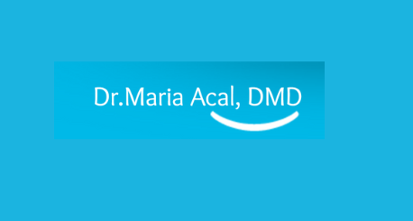 Logo for Dr. Maria Acal, DMD, in light blue. The doctor's name is white with a white smiling mouth graphic.