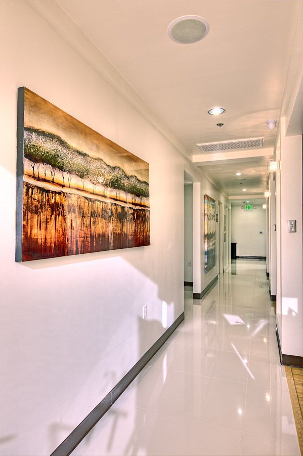 Hallway with a landscape painting and recessed lighting.