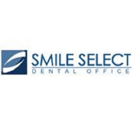 Smile Select Dental Office logo with a blue square, a curved design, and text.