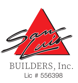 Logo of San Luis Builders, Inc. featuring cursive text over a red triangle.