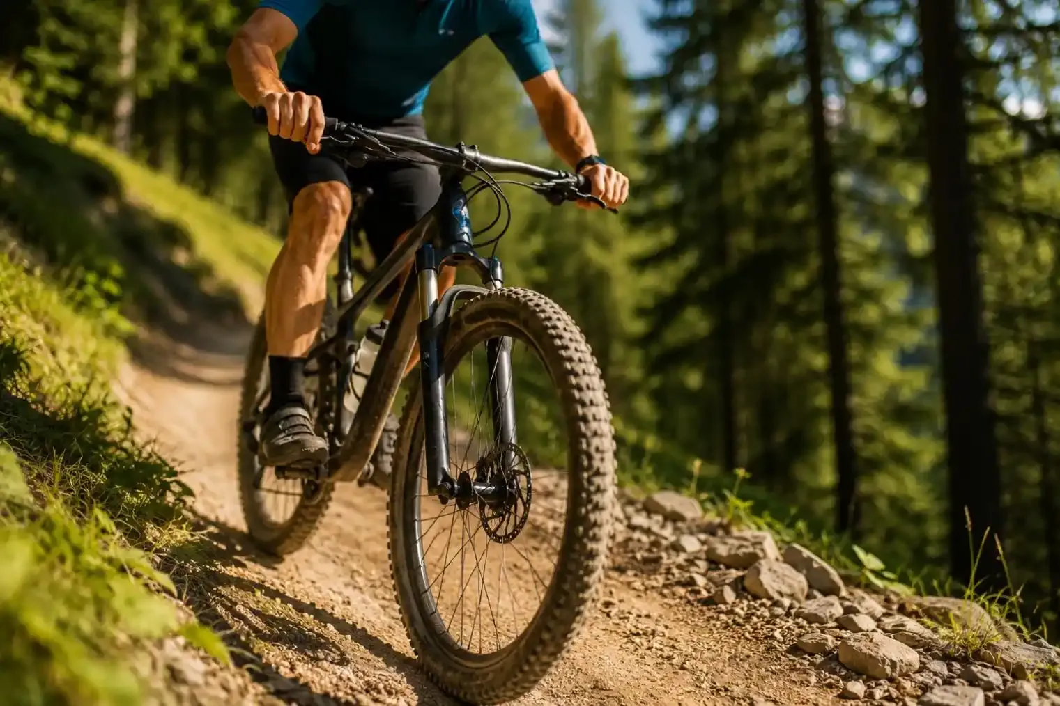 Un ciclista di mountain bike percorre un sentiero sterrato attraverso una foresta soleggiata, sollevando polvere dietro le ruote.