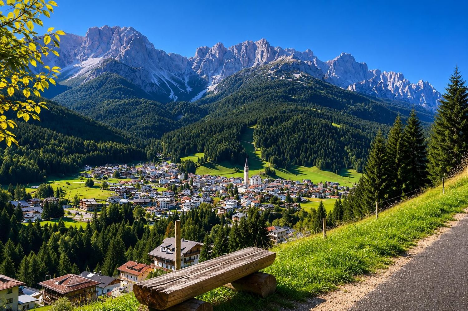 Villaggio di montagna in una verde vallata ai piedi di cime scoscese, con un sentiero soleggiato sul pendio in primo piano.