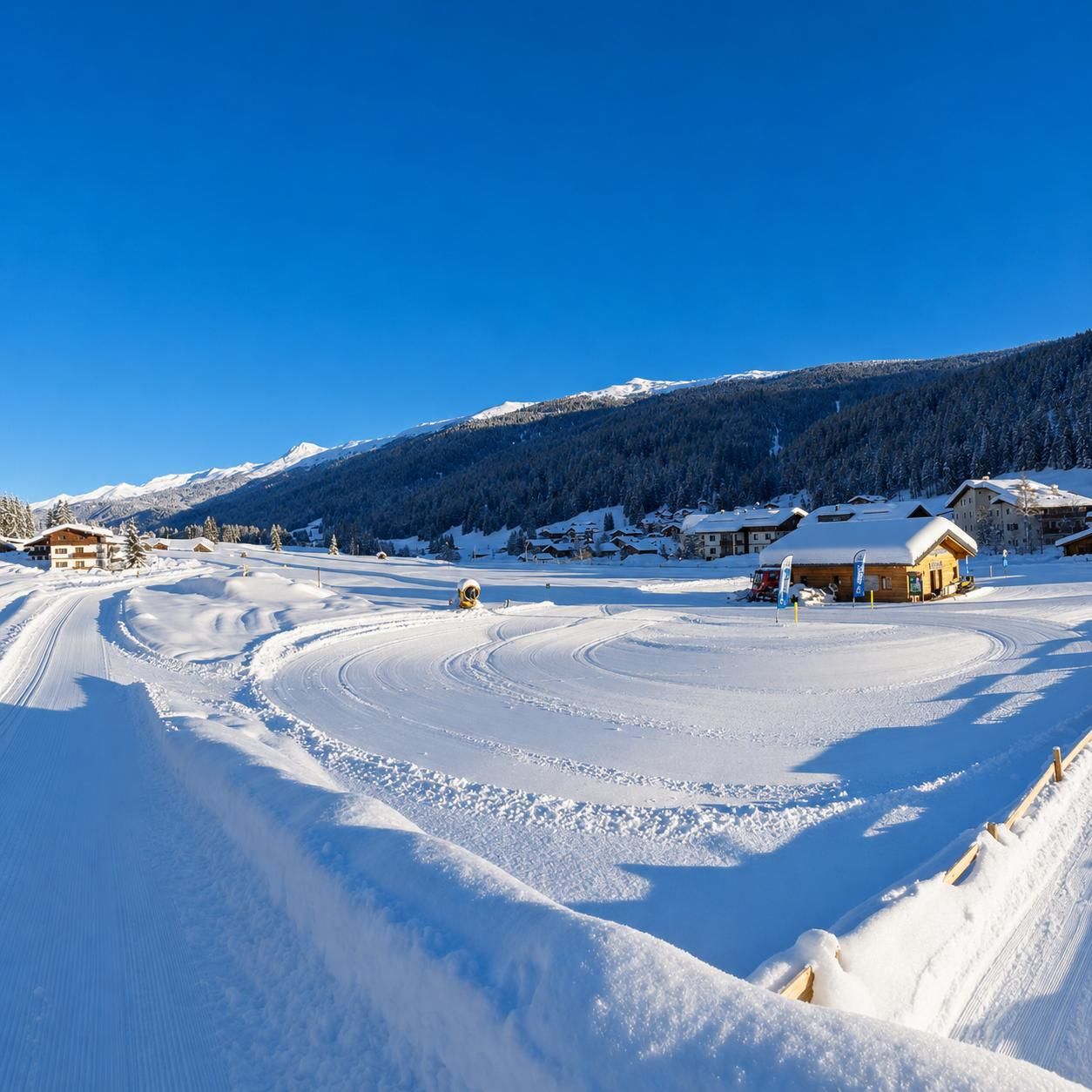Paesaggio montano innevato con baite, piste battute e un cielo azzurro limpido.