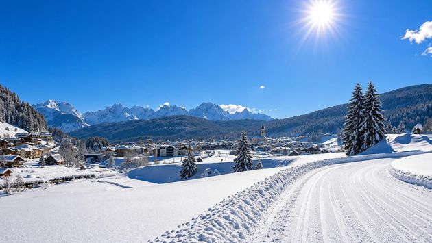 Villaggio di montagna innevato sotto un sole splendente, con piste da sci che si snodano attraverso una valle invernale.
