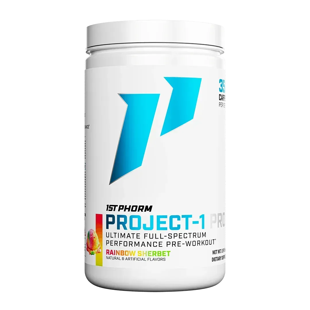 White supplement jar with turquoise “P” logo and Project-1 label on the front