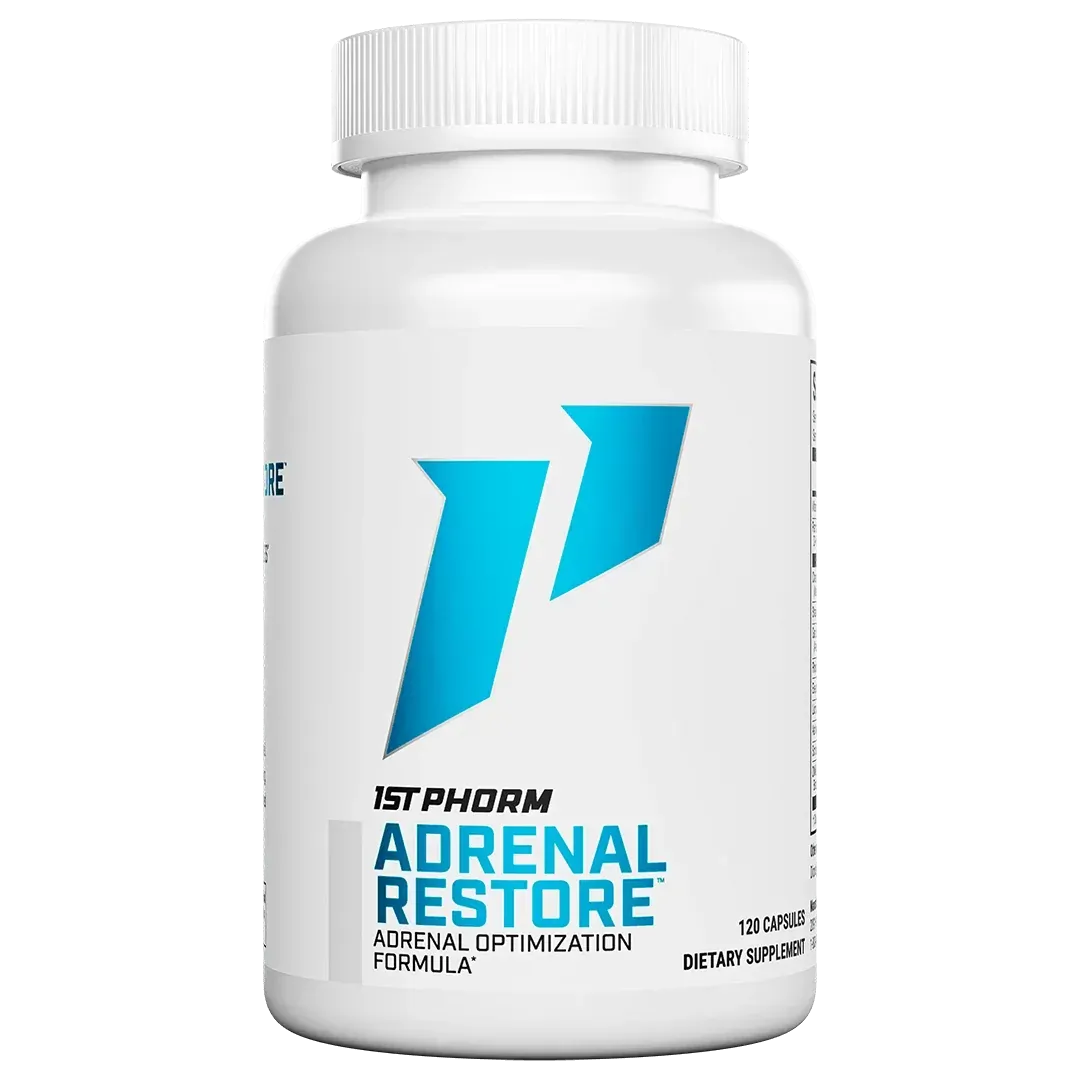 White supplement bottle labeled “Adrenal Restore” with a blue logo