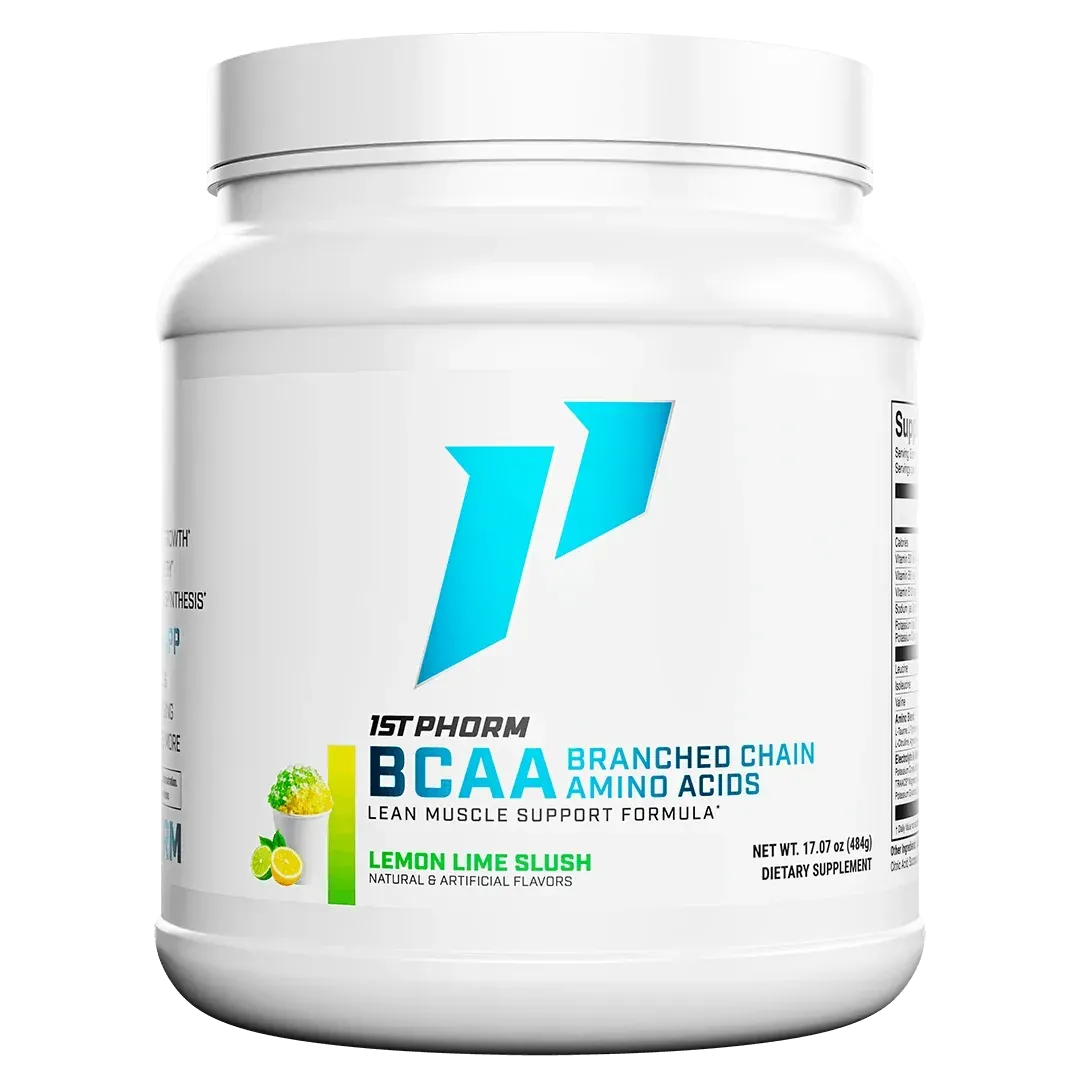 White jar of lemon lime branched-chain amino acid supplement with blue logo and label