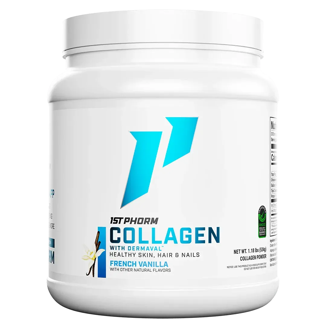 White collagen supplement jar with blue logo and label on a white background