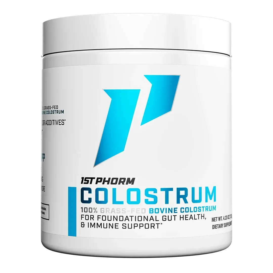 White 1st Phorm Colostrum supplement jar with blue logo and label text